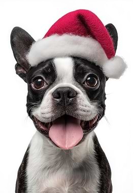 Festive Boston Terrier with Santa Hat
