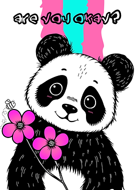 Cute Panda with Flowers and Bee