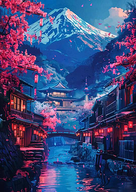 Japanese Cherry Blossoms and Mount Fuji