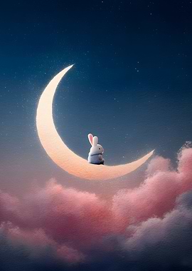Cute Bunny sitting on a Crescent Moon