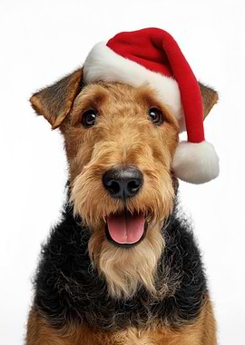 Airedale Terrier Dog with Santa Hat