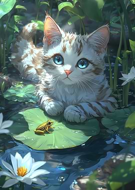 Kitten and Frog on Lily Pad