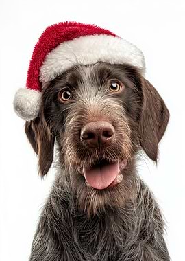 German Wirehaired Pointer Dog with Santa Hat Portrait