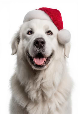 Great Pyrenees Dog with Santa Hat Portrait