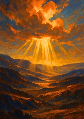 Golden Light Over Mountain Landscape Painting