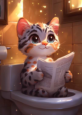 Cat Reading Newspaper on Toilet
