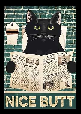 Black Cat Reading Newspaper on Toilet