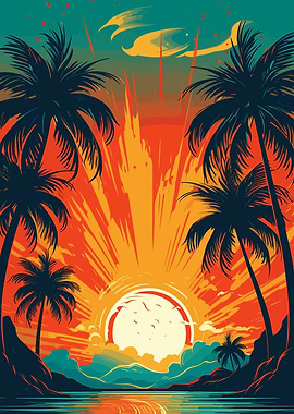 Tropical Sunset Palm Trees Illustration