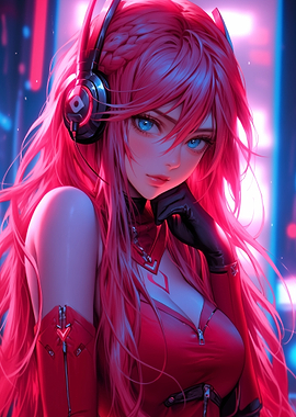 Anime Girl with Headphones in Neon