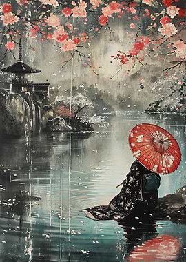 Japanese Garden with Woman and Umbrella