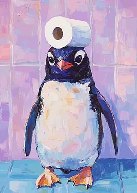 Penguin with Toilet Paper Hat Painting