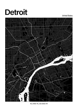Detroit Black and White Map