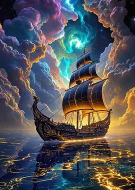 Fantasy Ship Sailing on Glowing Sea