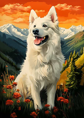 White Swiss Shepherd Dog in Mountain Landscape