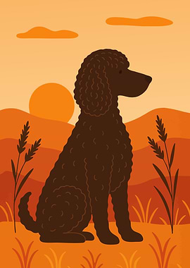 Irish Water Spaniel Dog in Autumn Nature Minimalist Art Illustration