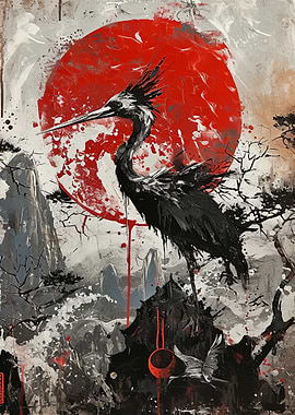 Heron and Red Sun Painting