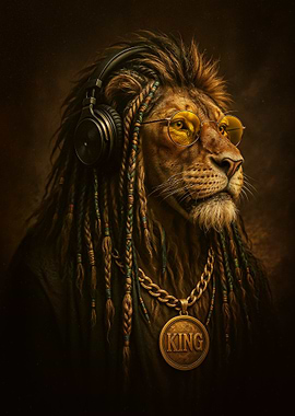 He is the King Lion with dreadlocks and headphones