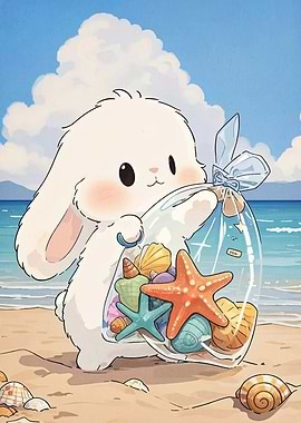Bunny with Seashells on the Beach