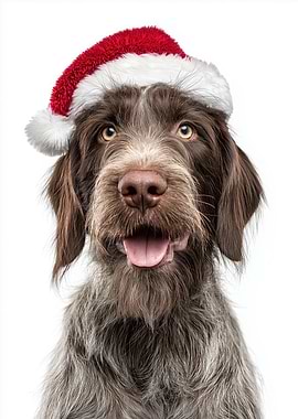 Wirehaired Pointing Griffon Dog with Santa Hat Portrait