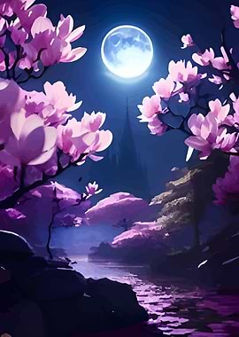 Moonlit Cherry Blossoms Landscape Painting