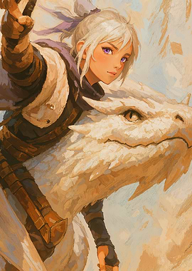 Anime Girl Riding a White Dragon