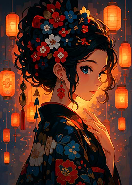 Anime Girl in Kimono with Lanterns