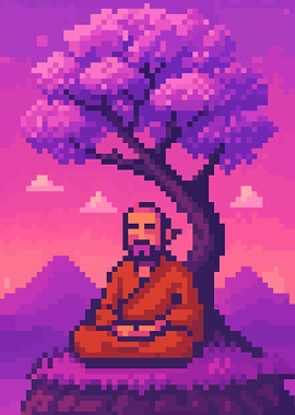 Retro Pixel Art Monk Meditating Under Tree