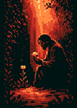 Pixel Art Jesus Christ with Flower Retro Inspirational