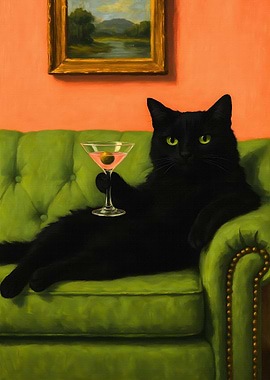 Sophisticated Black Cat with Cocktail
