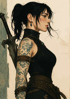 Warrior Woman with Sword and Tattoo