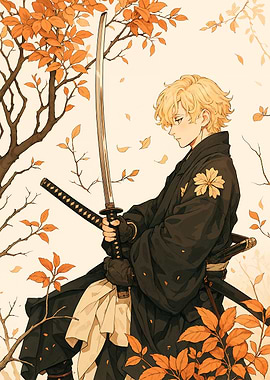 Anime Samurai in Autumn Setting
