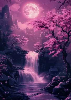 Moonlit Waterfall Cherry Blossoms