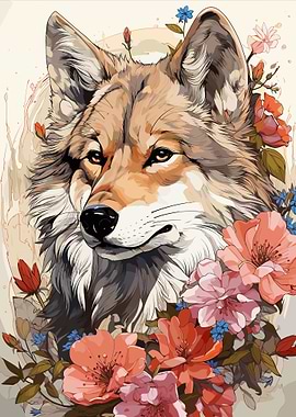 Coyote Portrait with Floral Adornments