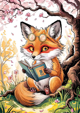 Fox reading book under cherry tree