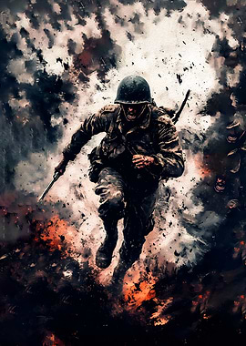 Soldier Running Through Battlefield Explosion