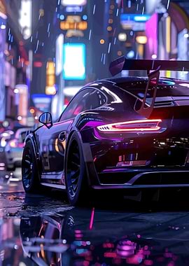 Sleek Car in Rainy Cityscape