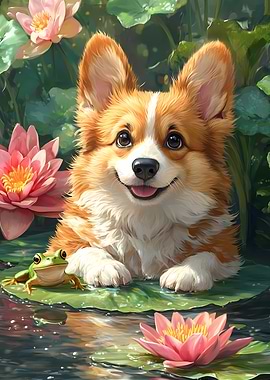 Corgi and Frog in Lily Pond