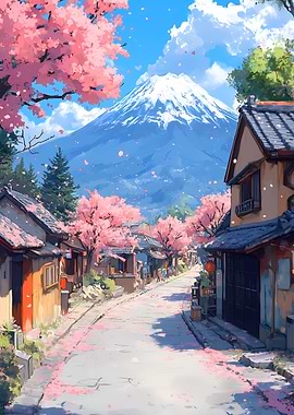 Japanese Village with Cherry Blossoms and Mountain