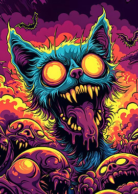 Creepy Cat Surrounded by Monsters