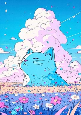Blue Cat in Flower Field