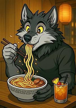 Furry Enjoying Ramen and Cocktail