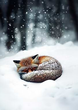 Sleeping Fox in Winter Snowfall
