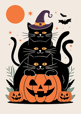 Halloween Cats and Pumpkins Illustration