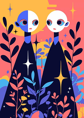 Abstract Figures in a Floral Landscape Surreal Minimalist Art Illustration