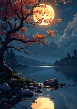 Autumn Moon Over Tranquil Lake