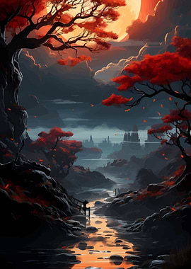 Autumnal River Landscape with Distant City