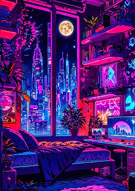 Cyberpunk Bedroom with City View