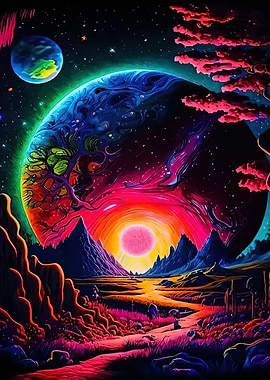 Vibrant Alien Landscape with Planets