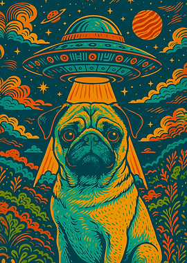Funny Pug UFO Vintage Colorful Art Illustration