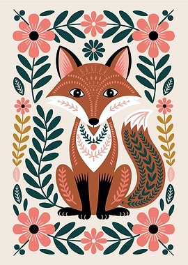 Stylized Fox Illustration with Floral Frame